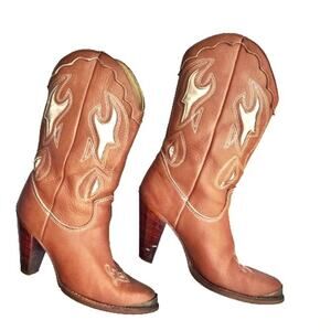 Vintage Zodiac Steel Toe Tan Leather Cowgirl Boots  | Y2K Indie Western RL Style